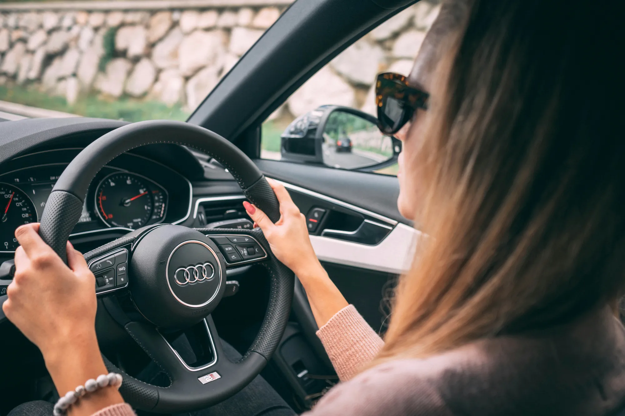 A driver's view from behind the wheel during a lesson